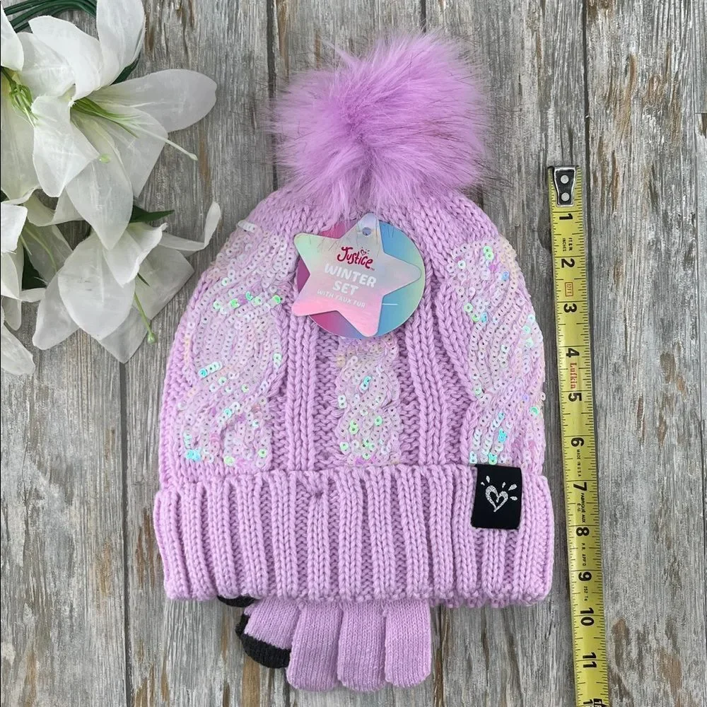 Girls Justice Sequin Cable Knit Hat and Gloves Set Pink 2-Pack